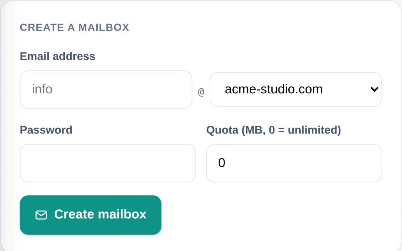 vPanel Create a mailbox form: an email address on acme-studio.com, a password, a quota in MB (0 for unlimited) and the Create mailbox button