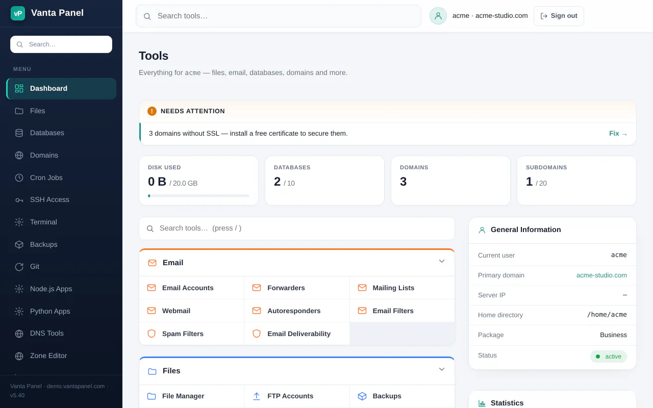 vPanel home for the account acme: an SSL reminder, disk, database, domain and subdomain usage, the Email and Files tool groups, and the account's general information