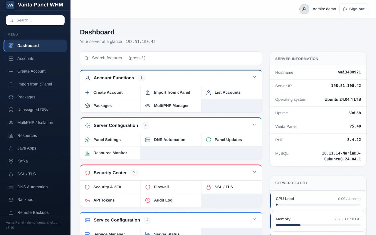 vWHM dashboard: feature groups for account functions, server configuration, security center and service configuration, beside server information and CPU and memory load